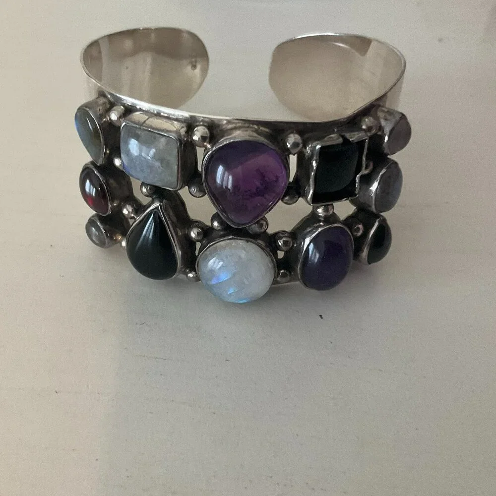 925 sterling silver cuff bracelet with 12 semi-precious stones